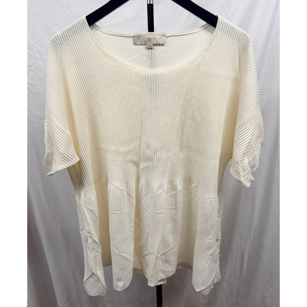 LOFT Women XL Cream White Ribbed Short Sleeve Peplum Knit Sweater Top NWT 402831